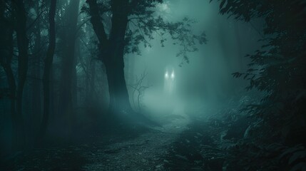 Fototapeta premium A ghostly face appearing in the fog of a haunted forest path