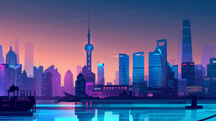 Obraz premium the night of Shanghai city and skyline, sunset, building and lights, Oriental Pearl Tower, Lujiazui silhouette