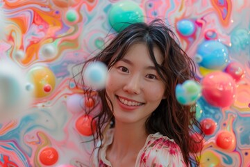 A vibrant woman with glamorous hair and an attractive smile on her face is posing happily alongside a colorful painted wall.