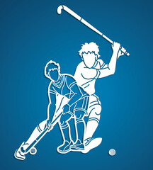 Group of Field Hockey Sport Team Mix Action Male Players Cartoon Graphic Vector