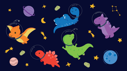 Set of adorable dinosaurs in outer space in cartoon style.Vector illustration of colorful dinosaurs in different poses,helmets,planets, crescent moon,constellations isolated on dark blue background.
