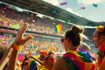 Obraz premium A pride-themed sporting event with athletes competing in rainbow uniforms and fans cheering them on, set in a vibrant stadium