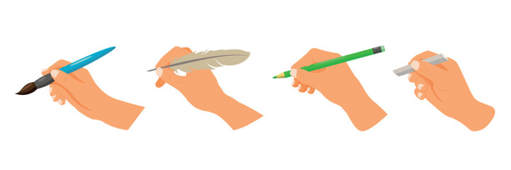 Set of different hands holding different objects in cartoon style. Vector illustration of hands holding paint brush, bird feather, green pencil with eraser, white chalk isolated on white background.