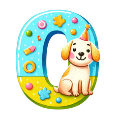 Obraz premium Cute illustration of a dog sitting inside a colorful number zero with decorations, ideal for children's birthday or educational themes.on transparent background