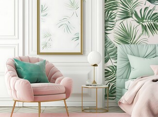 Photograph of a pastel pink chair standing next to an elegant bed with turquoise pillows and a soft blanket in a white bedroom interior with a hanging poster, a gold frame on the wall