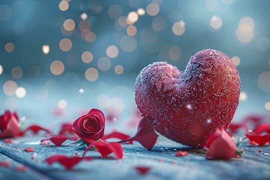 Red heart and rose on a wooden table with blurred lights in the background