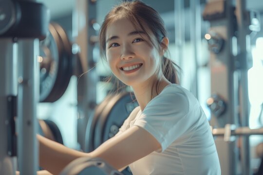 Engaged in weight training, an Asian girl works on building muscle strength using a fitness gym machine.