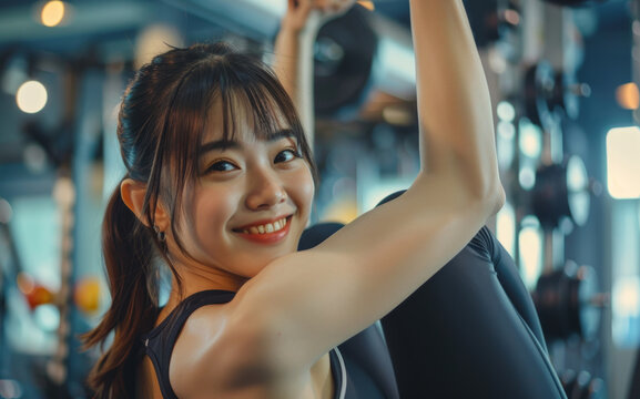 Engaged in weight training, an Asian girl works on building muscle strength using a fitness gym machine.