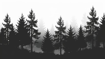 Silhouette of Pine Trees in Misty Forest Landscape
