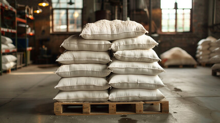 a neat stack of white industrial bags resting on a wooden pallet within a well-lit warehouse. bags are organized meticulously, creating an orderly and efficient storage system.