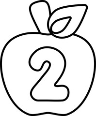Fototapeta premium Illustration of apple-shaped numbers outlined in black for a coloring page for kids, number two.