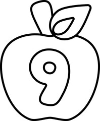 Illustration of apple-shaped numbers outlined in black for a coloring page for kids, number nine.