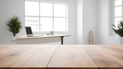 empty wooden desk with blurred business office