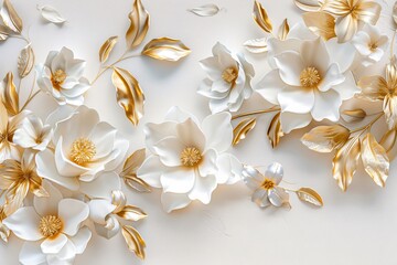 Fototapeta premium Luxurious 3D Wallpaper: Golden Magnolia Flowers on White Background