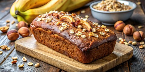 Banana bread with nuts on a wooden board.