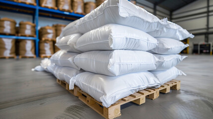 Efficient Warehouse Stacking. Neatly Arranged White Sacks. a precise arrangement of white sacks stacked on a wooden pallet in an industrial warehouse setting. organized storage exemplifies efficient. 