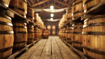 Whiskey, bourbon, scotch, wine barrels in an aging facility