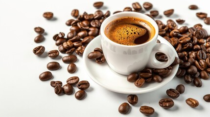 Obraz premium Cup of espresso with coffee beans.