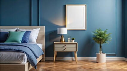 Cozy bedroom with blue walls and wooden floor.
