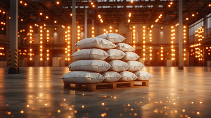 Warehouse Glow. A stack of white sacks on a wooden pallet, illuminated by warm lights in a spacious industrial warehouse. Pile of white sacks on a pallet in a warehous. 