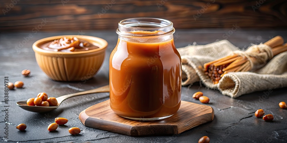 Wall mural jar of caramel sauce with nuts on the side.