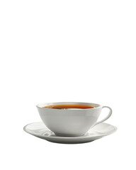A simple white ceramic cup filled with tea, set on a matching saucer, isolated on a white background, ready to enjoy a refreshing break. isolated PNG transparent background.