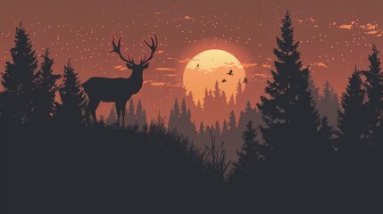 The shadow of a deer among the trees in the forest