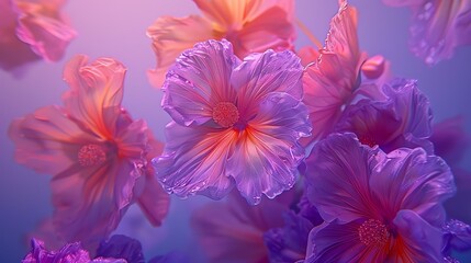 3D rendering of pink hibiscus flowers in bloom. The petals are wet and glistening in the light. The background is a soft gradient of purple and blue.