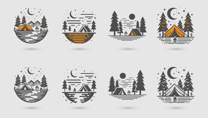 Camping in Summer with Tent, Mountain, Pine Tree, Moon, Stars, Clouds, Campfire in the forest. Hand Drawn Camping Vector Set. Simple Vector Illustration. 