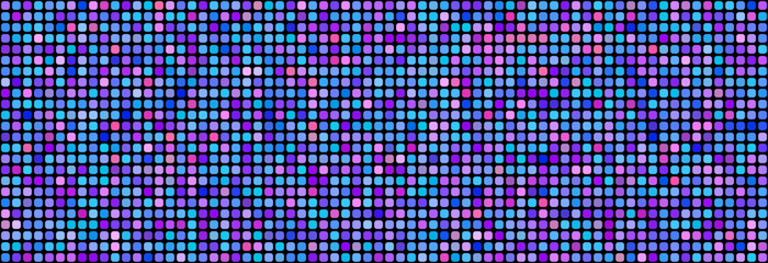 Purple disco party seamless pattern. Rounded square sequin mosaic texture background. Abstract shining colorful halftone wallpaper. Pop up comic glitter sparkles backdrop. Retro vector design template