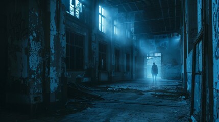 Obraz premium A ghostly figure seen through the mist in an old, abandoned building at night