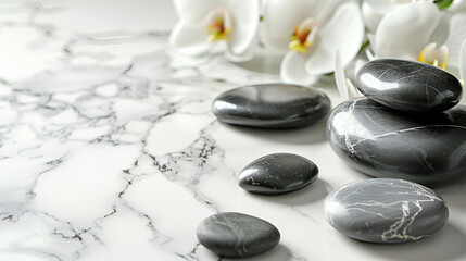 Zen stones, flower and leaves with black and white marble floor in the background