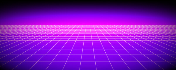 Glowing neon wireframe background. Purple shining checkered grid planes in perspective. Bright retro futuristic horizon wallpaper. Arcade game sci fi matrix surface. Vector backdrop for poster, banner
