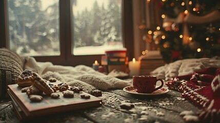 A cozy winter scene with a cup of hot chocolate, a book, and some cookies. The perfect way to relax and enjoy the holidays.