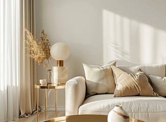Stylish and warm living room interior with beige sofa, armchair, gold lamp on golden table and elegant personal accessories in the style of scandinavian home decor