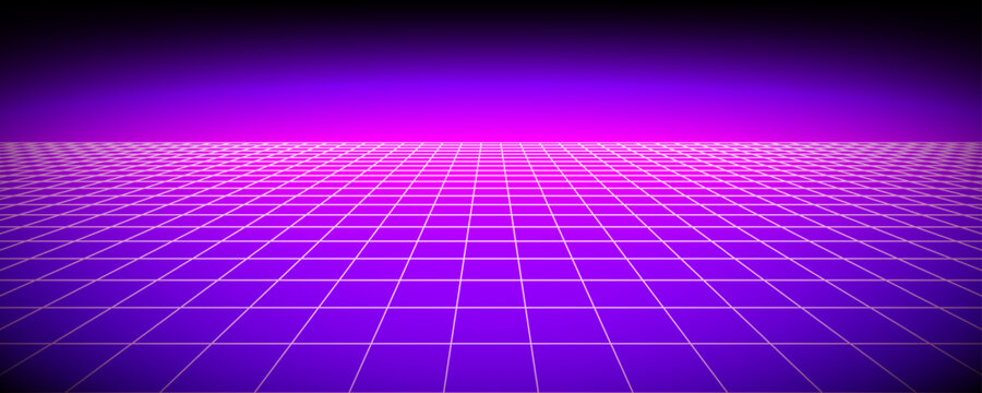 Glowing neon wireframe background. Purple shining checkered grid planes in perspective. Bright retro futuristic horizon wallpaper. Arcade game sci fi matrix surface. Vector backdrop for poster, banner