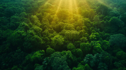 Obraz premium Rays of sunlight piercing through the treetops, creating dappled light patterns below.