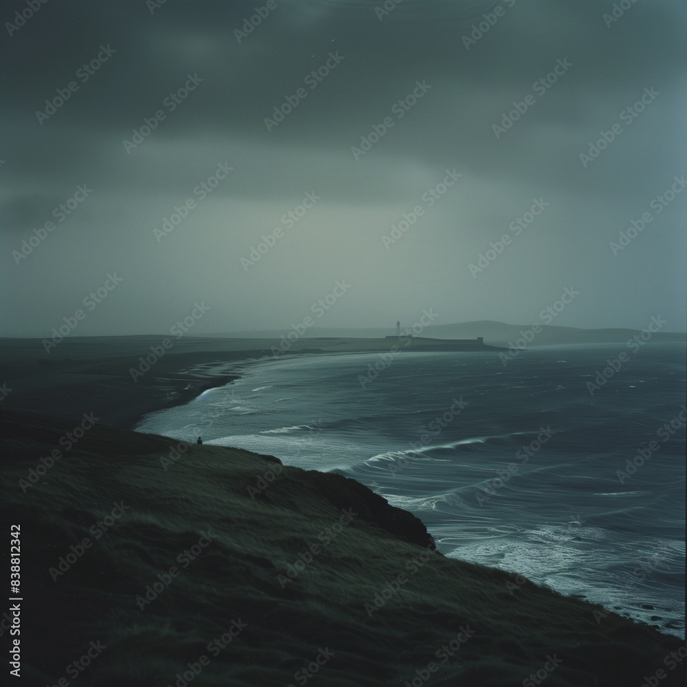 Poster AI generated illustration of ocean waves with distant land in the background