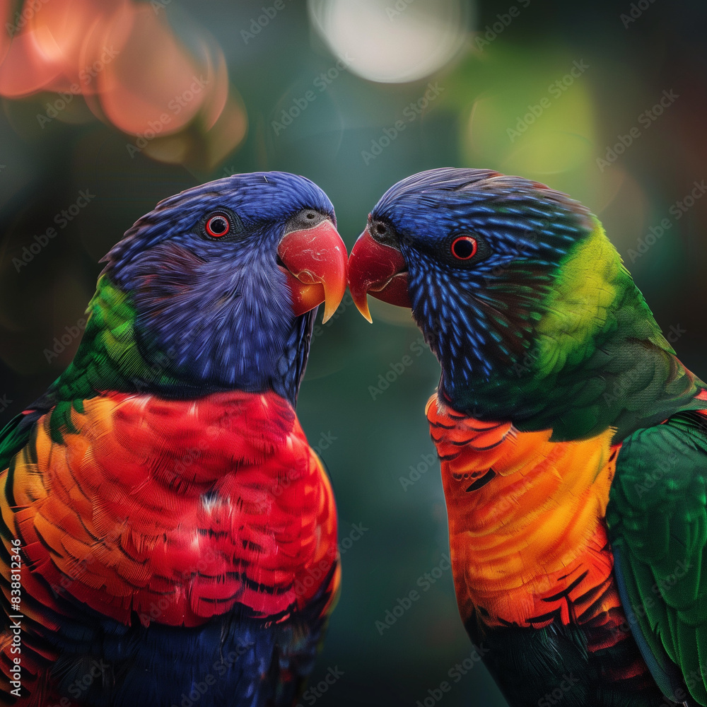 Wall mural ai generated illustration of colorful parrots kissing