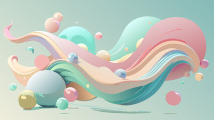 Surreal Pastel Waves and Floating Spheres Abstract Artwork
