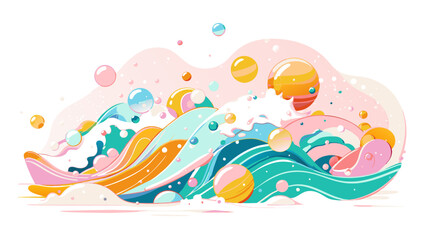 Colorful Abstract Wave Illustration with Vibrant Bubbles and Whimsical Curves