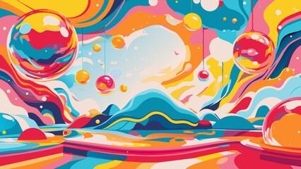 Colorful Abstract Cosmic Landscape with Vibrant Spheres and Swirls