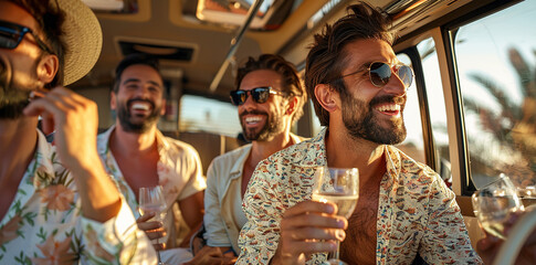handsome men in a luxury bus, laughing and drinking champagne on the way to a party at a beach club. Colorful with wide angle photography in the summer light, shot with a Sony Alpha A7 III camera at a