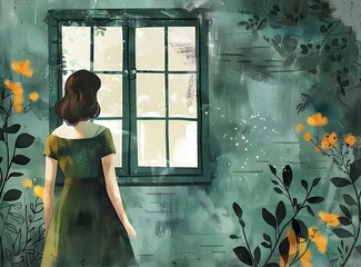 A woman standing in front of a window