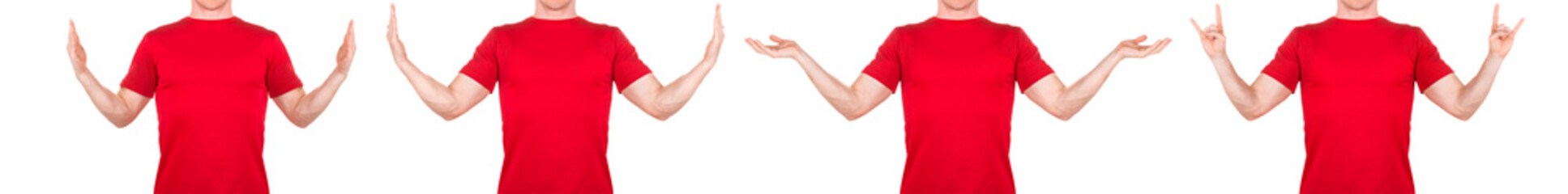 Man in red t-shirt showing or holding something in his arm on white background