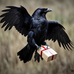 Fototapeta premium A majestic black raven clutching a sealed latte