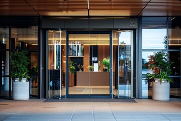Professional Photography of a company storefront or office entrance featuring prominent branding elements, Generative AI