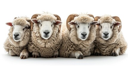 Fototapeta premium Four fluffy sheep lined up closely in front of a white background, showcasing their woolly coats and serene expressions.