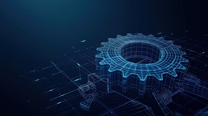 Fototapeta premium Wireframe illustration of gears on dark blue background. Technology machinery engineering symbol.
