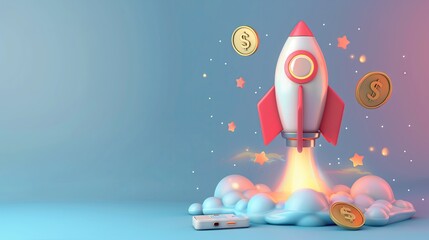Rocket in flight with silver coin on mobile phone. Spaceship launch. Trading concept. Business start up and growth.